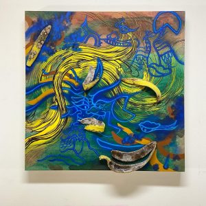 A square painting hangs on a wall. It features swirling blue and yellow motifs, including what appear to be bananas. 