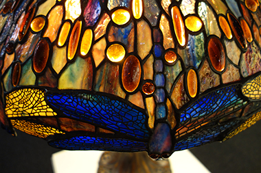 Susan E. Frisbee, Detail of Dragonfly Lampshade, stained glass. The design is styled after the work of Louis Comfort Tiffany.