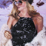 Blond woman in sparkles, black, and white/tan fur