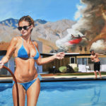Woman in bikini oblivious to the fire behind her