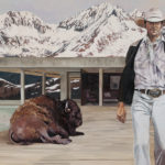 A buffalo sleeping, and a cowboy walking towards the viewer