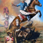 A cowboy on a rearing horse shoots a squirt gun while women run about