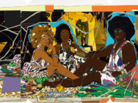 A mixed media work by Mickalene Thomas titled: Le déjeuner sur l’herbe: Les trois femmes noires, 2010.