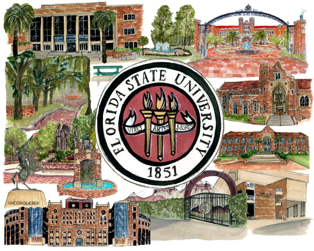 A watercolor painting of academic buildings and the FSU seal