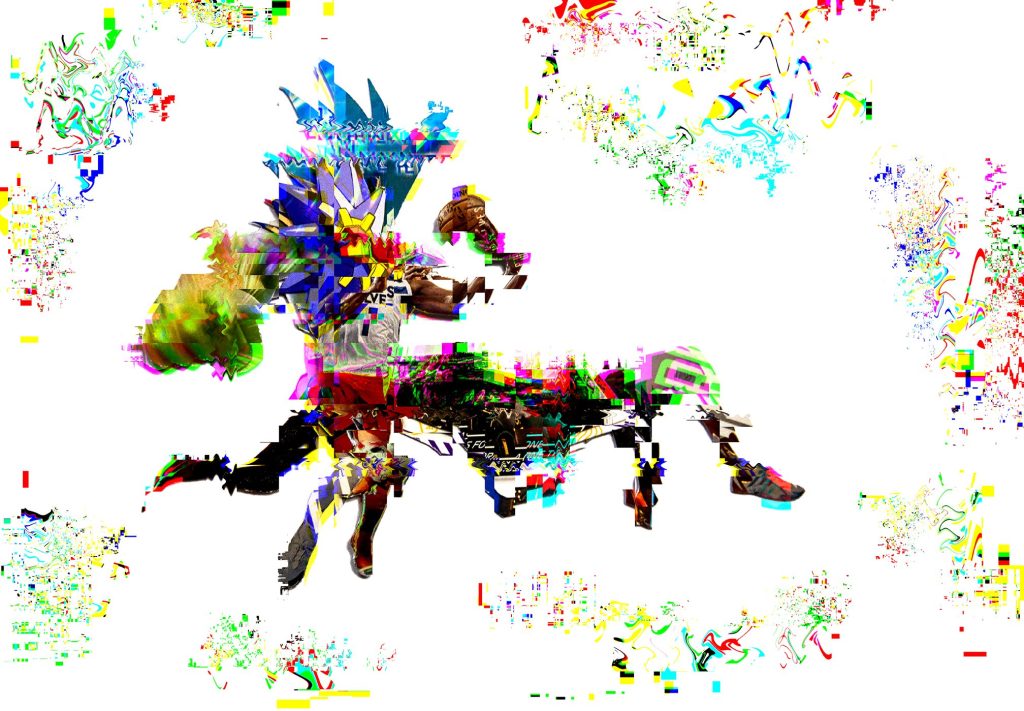 A colorful collage of arms, legs and pokémon parts are lumped together in a strange mass. The image appears to be glitching, like a computer or Television screen would if it was experiencing a technical error.