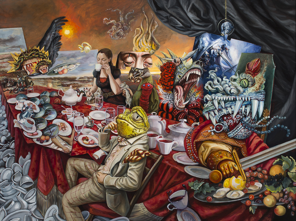 Strange and disturbing creatures are seated at a long table in this unsettling painting.