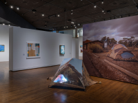 Arches National Park (Devil's Garden), Inkjet on silk, tent hardware, rocks, video projection, Dimensions variable (about 9’x9’ footprint including stakes, 10’ wall for decal), 2020 Pictured at UMOCA