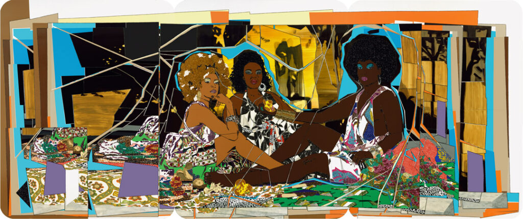 A mixed media work by Mickalene Thomas titled: Le déjeuner sur l’herbe: Les trois femmes noires, 2010.