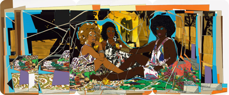 A mixed media work by Mickalene Thomas titled: Le déjeuner sur l’herbe: Les trois femmes noires, 2010.