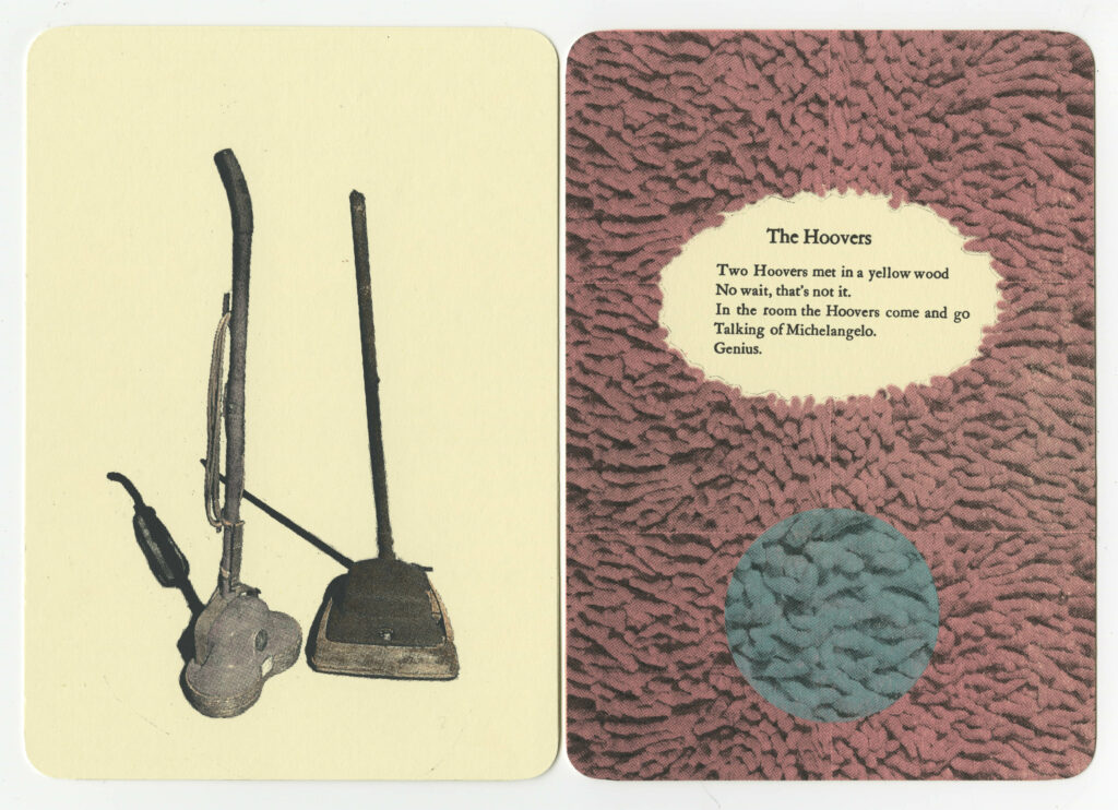 Pages from "Patio Furniture" feature grey printed images of old vacuums on a pale yellow background.