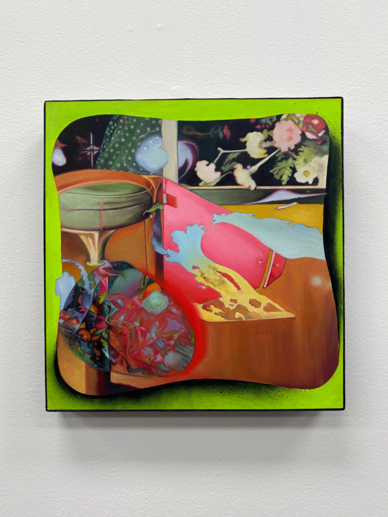there is a painting on the wall of a room with a vase of flowers on the table
