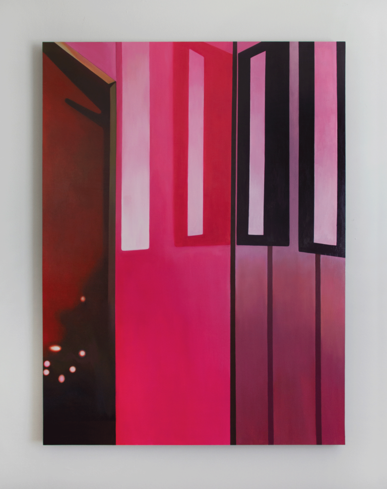 there is a painting on the wall of a room with a red door