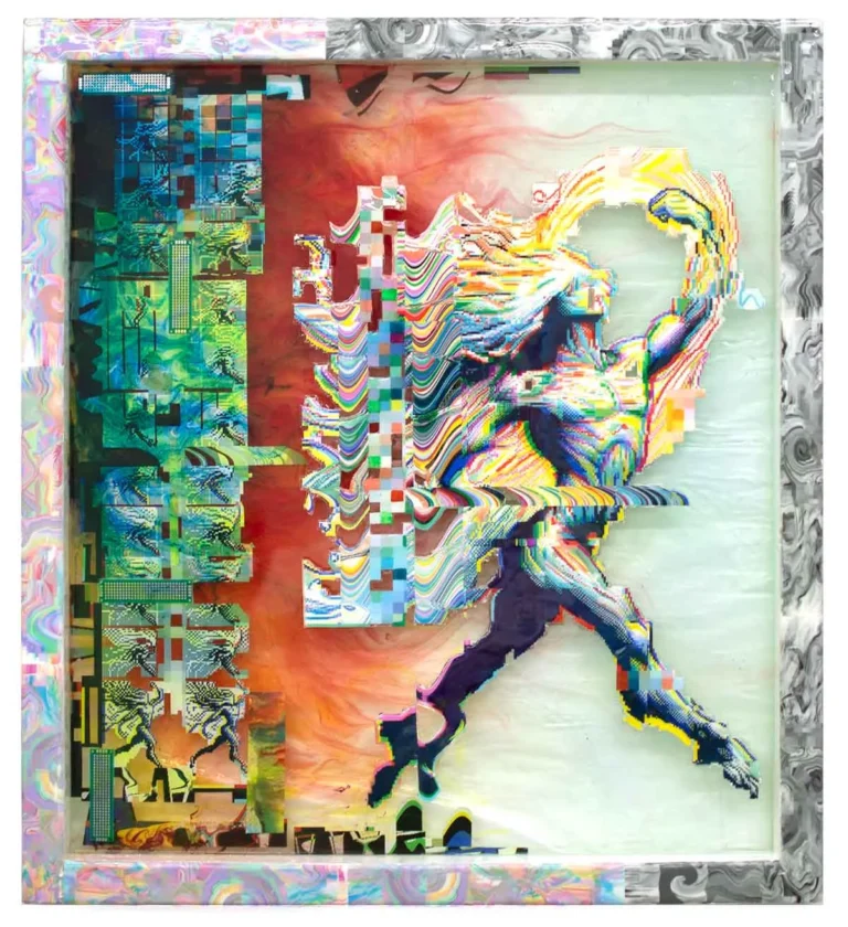 there is a picture of a painting of a woman on a skateboard