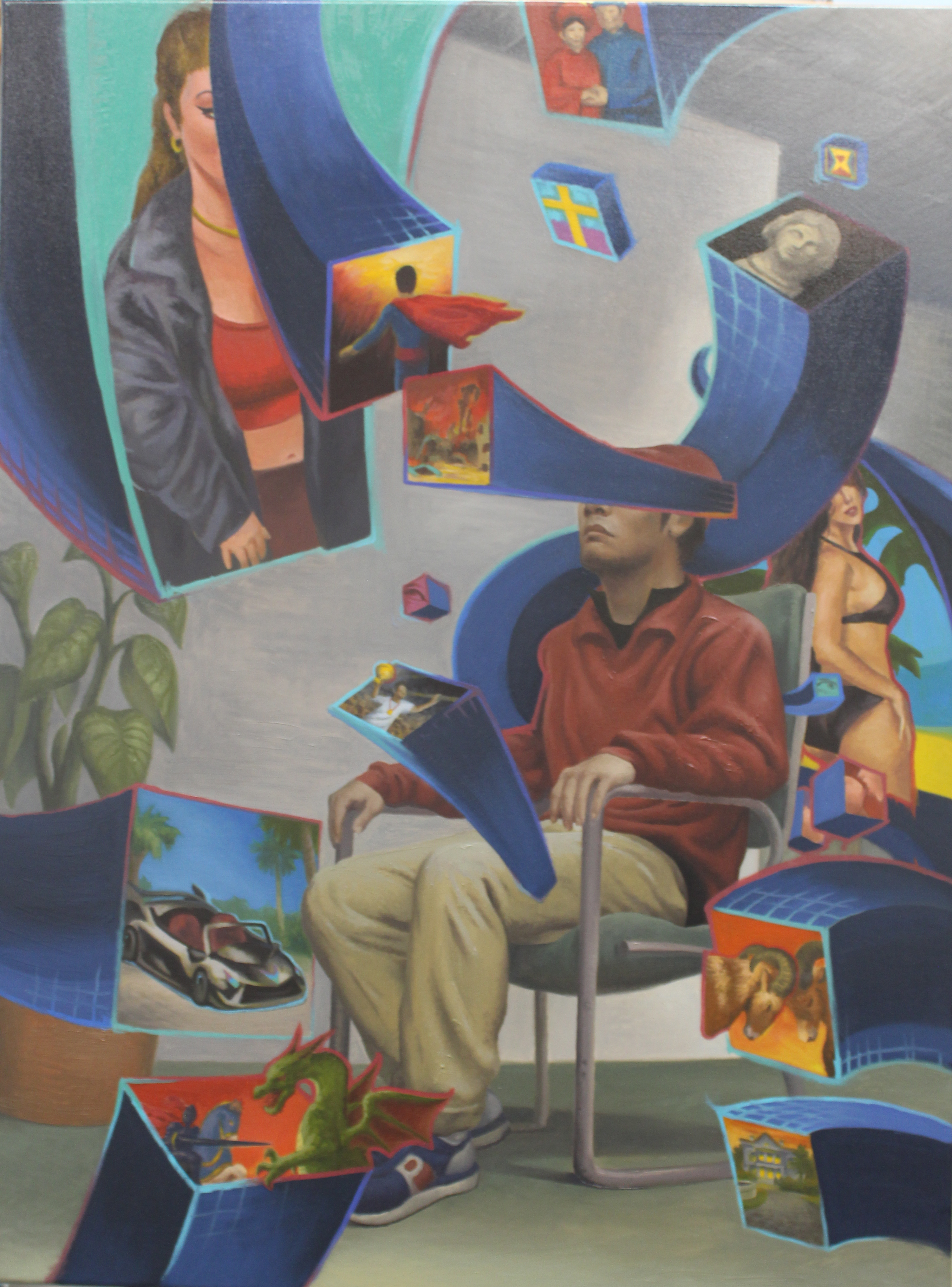 there is a painting of a man sitting in a chair in front of a wall