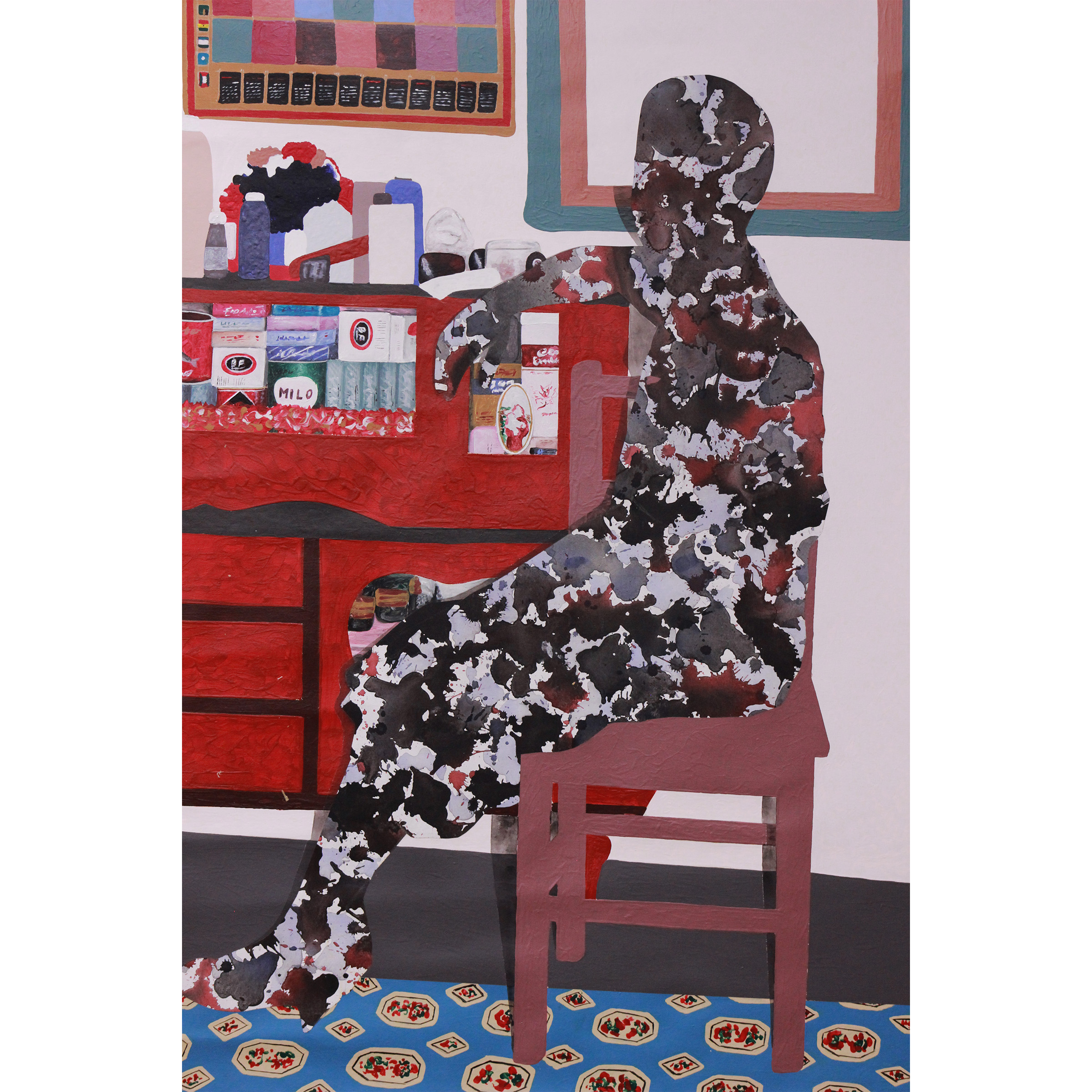 there is a painting of a woman sitting at a desk