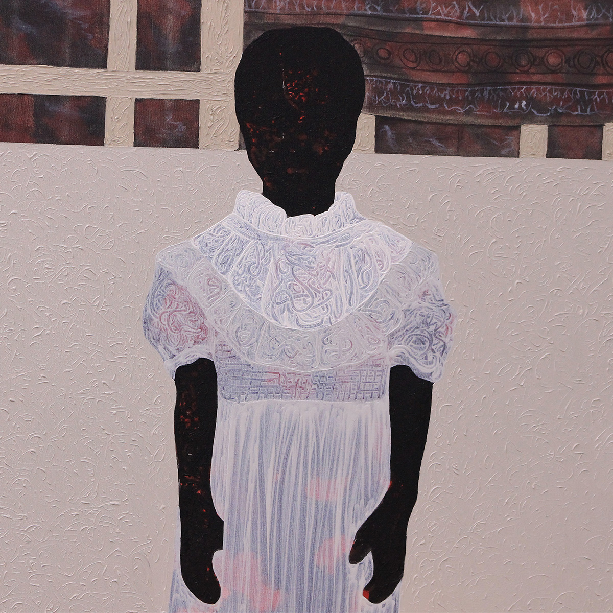 painting of a woman in a white dress standing in front of a window