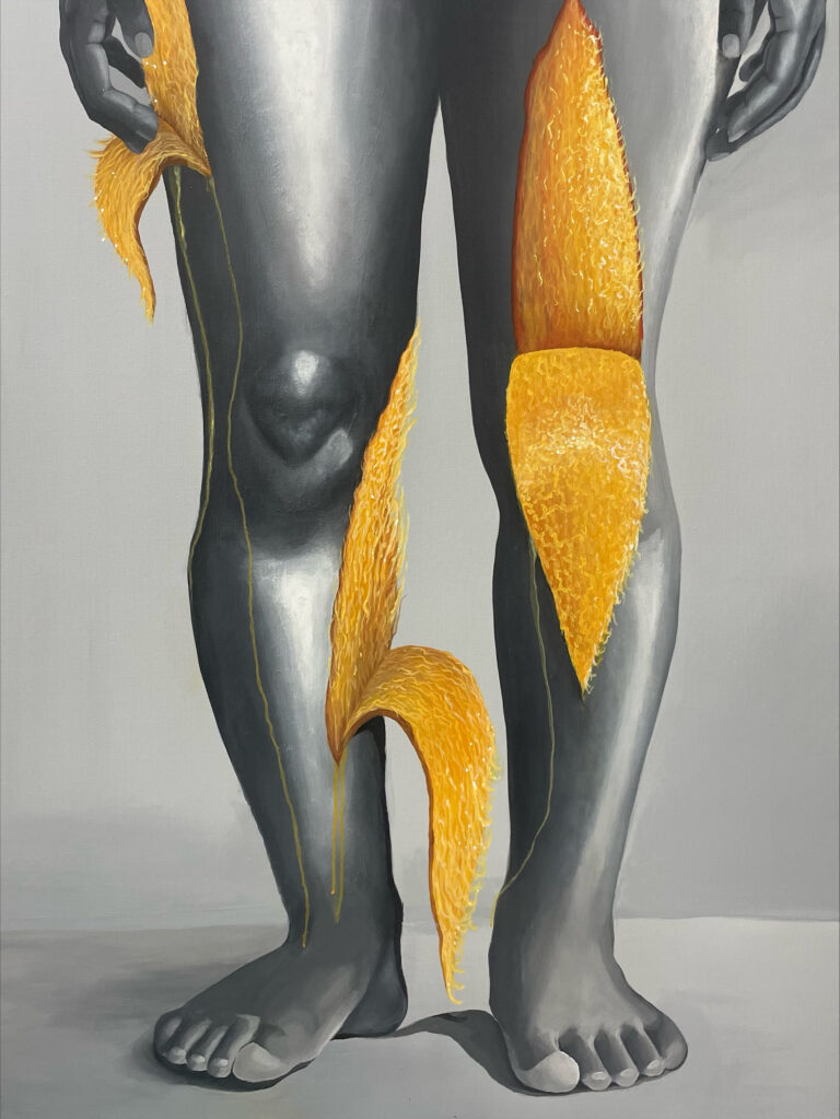 there is a painting of a man with a banana peel on his leg