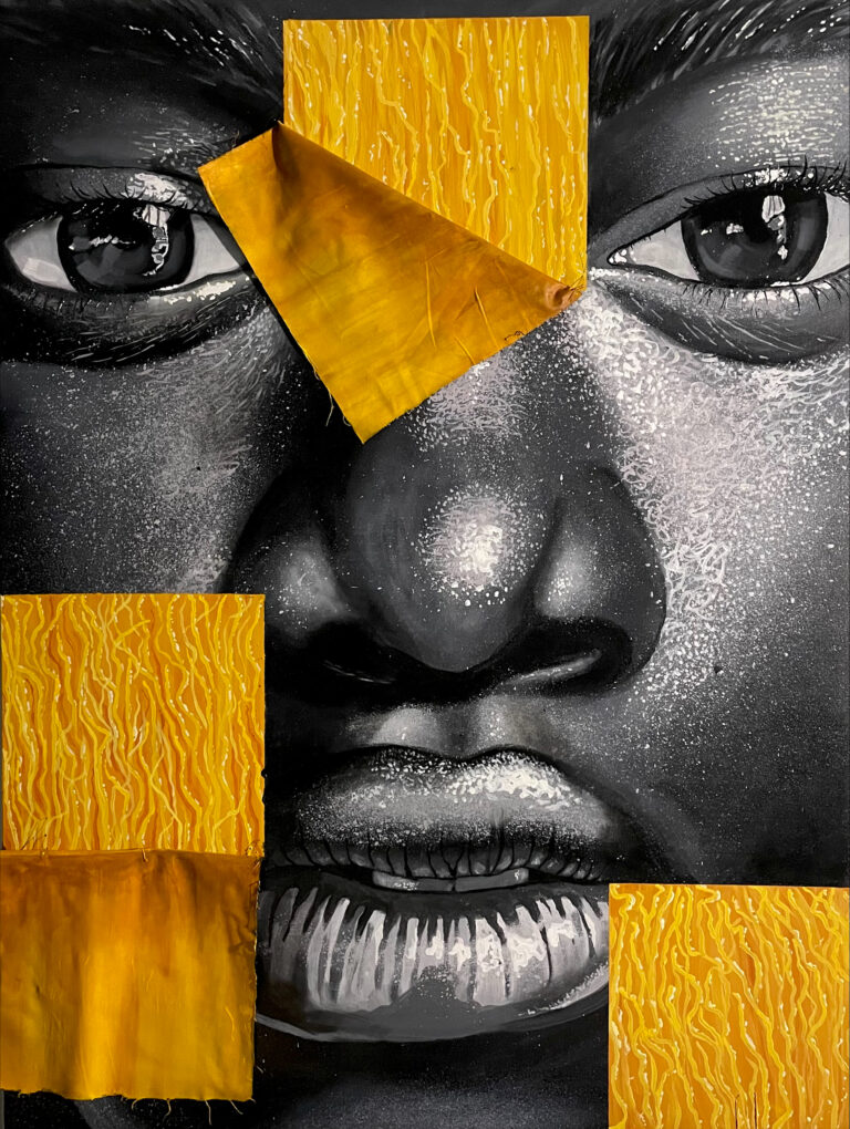 there is a black and white photo of a man with a yellow piece of paper on his face