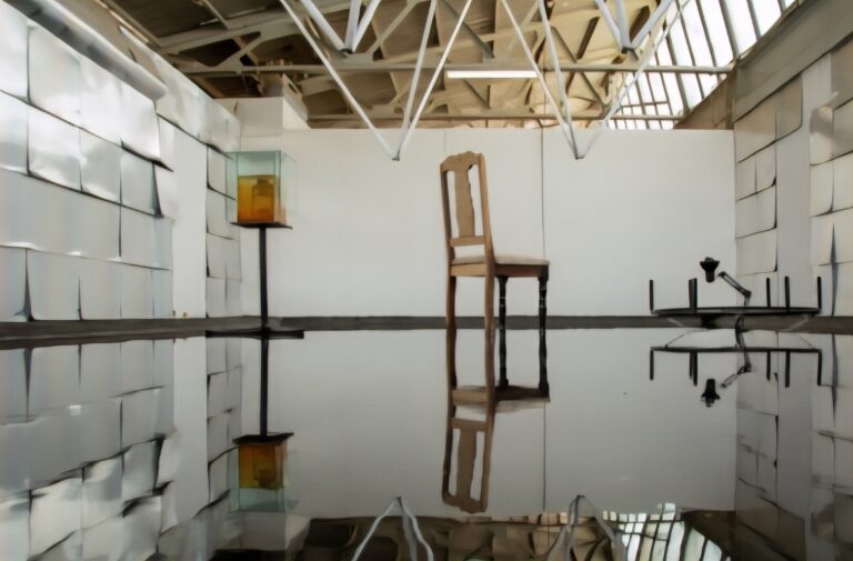 there is a reflection of a chair in a pool of water