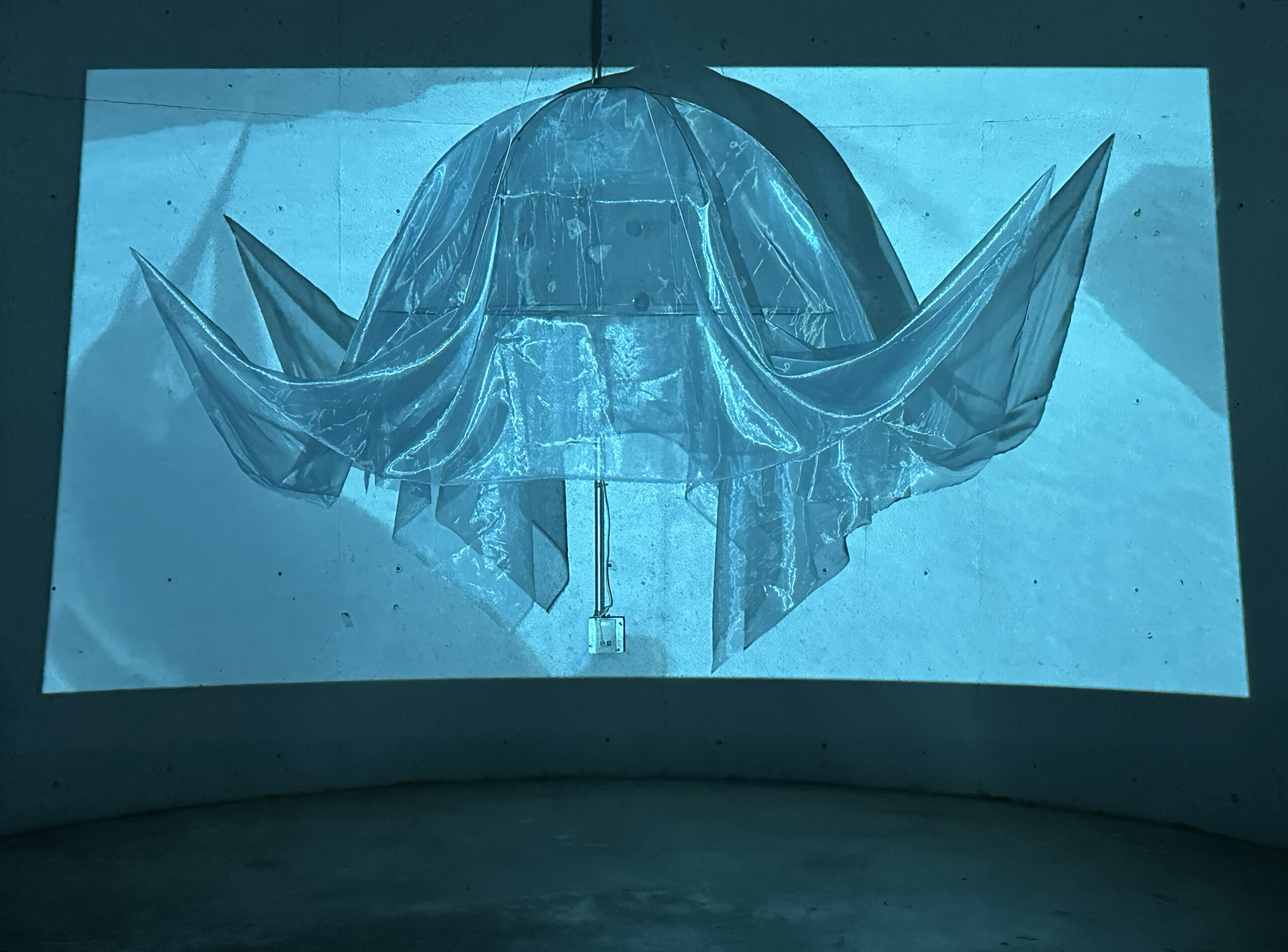 An art installation featuring blue lighting and fabric